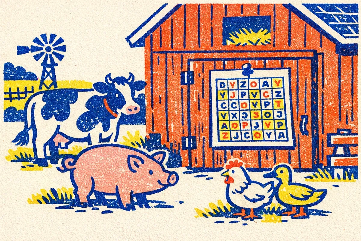 Illustration vache, cochon, poule et canard devant une grange rouge