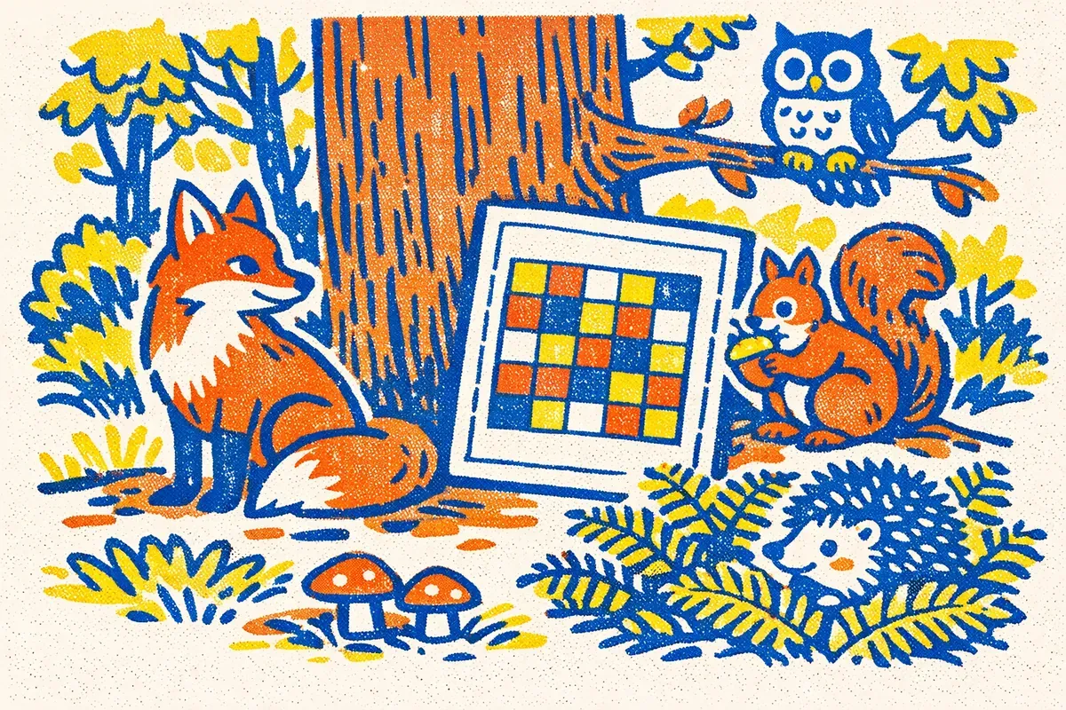 Illustration renard, écureuil tenant un gland et hibou sur une branche