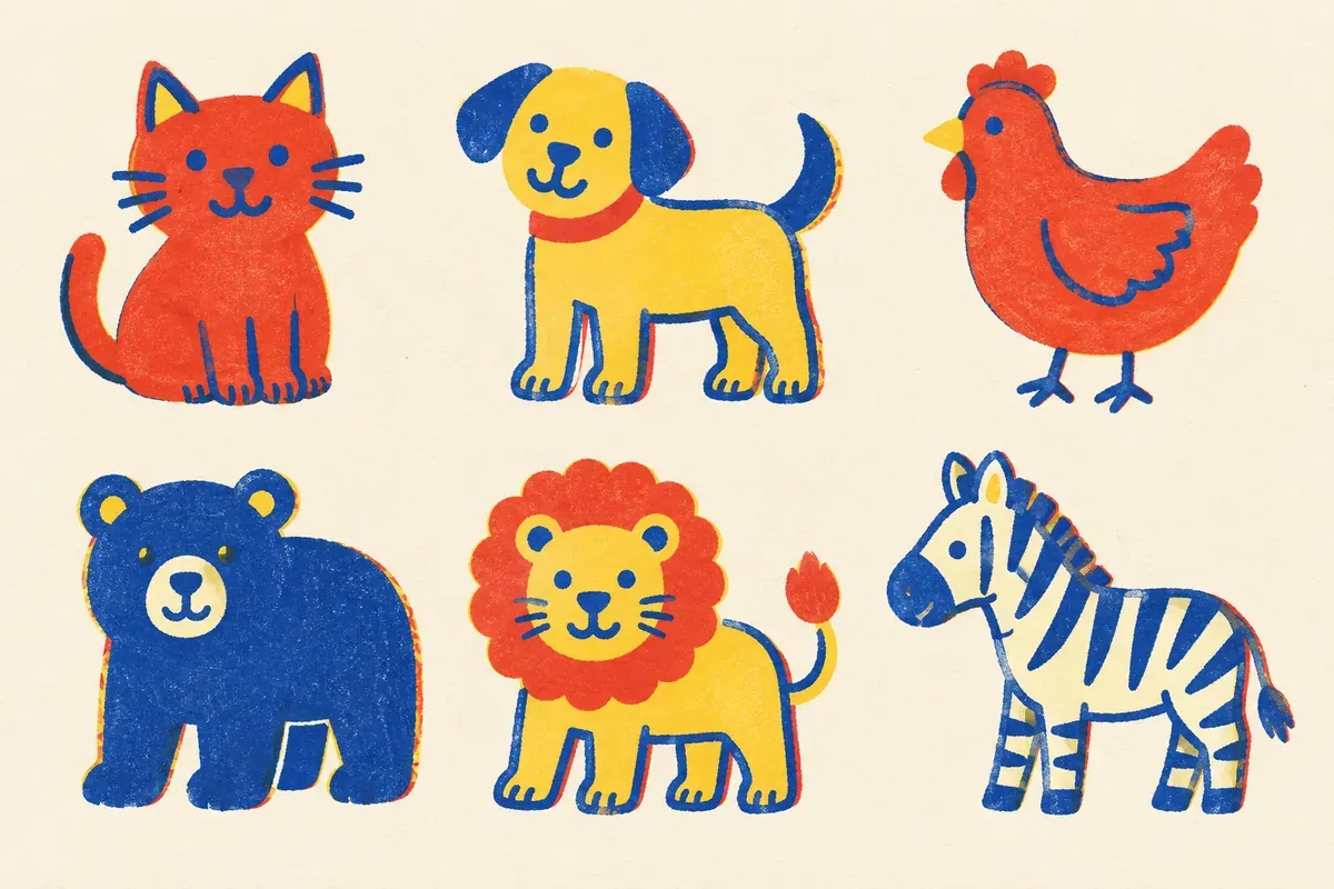 Un chat, un chien, un lion, un ours, une poule et un zèbre disposés en cercle sur un fond crème, dans les tons bleu encre, rouge tomate et jaune surligneur d'une risographie.