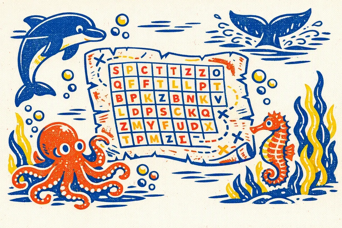 Illustration dauphin, tentacules de pieuvre et hippocampe parmi les bulles