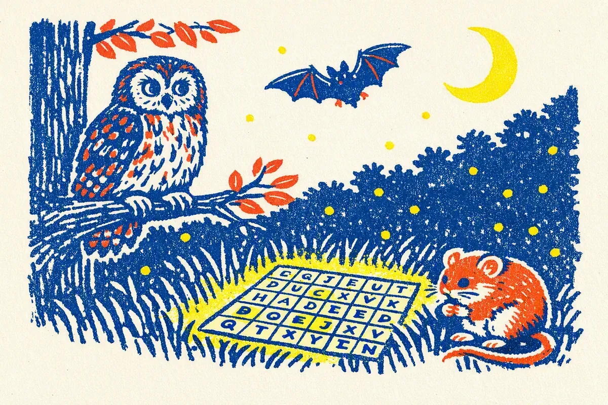 Illustration chouette hulotte, chauve-souris et lucioles sous un croissant de lune