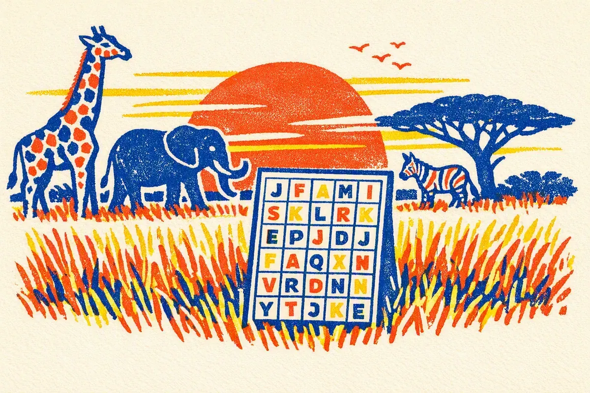Illustration girafe, éléphant et zèbre près d'un acacia au coucher du soleil