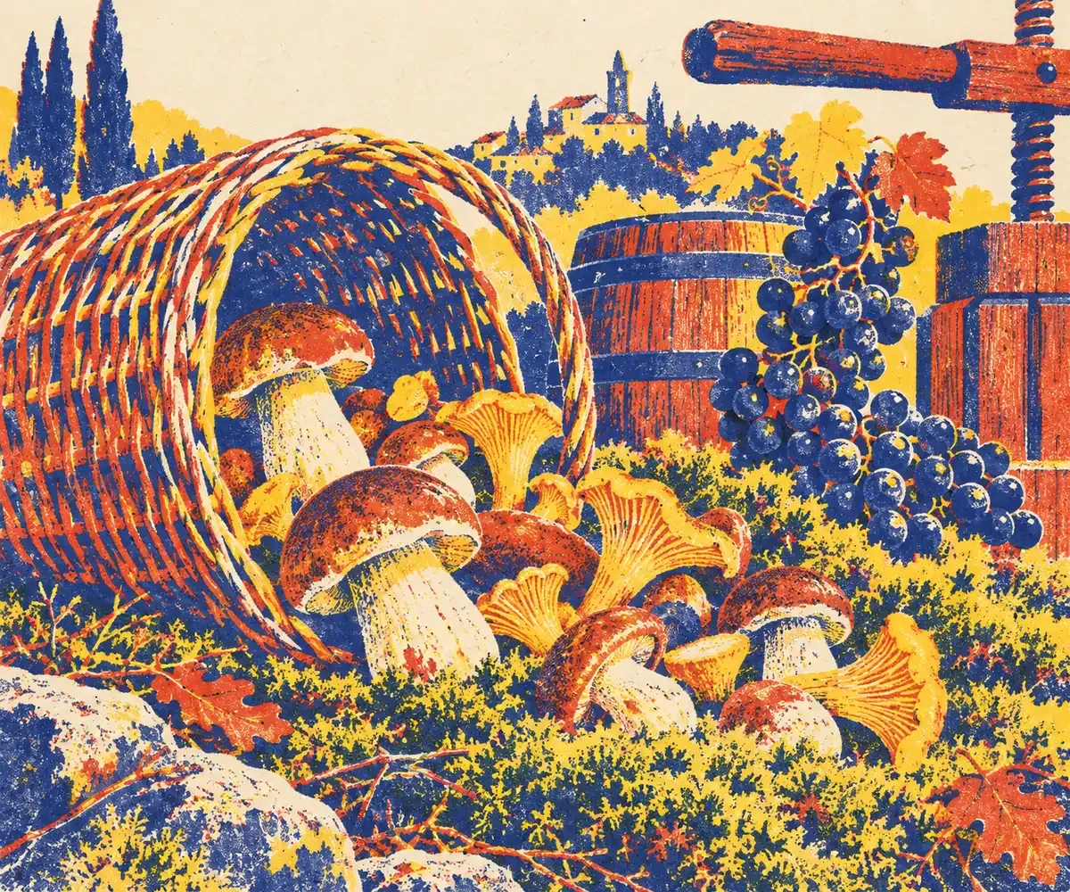 Panier d'osier rempli de cèpes et de girolles posé à côté d'une grappe de raisin et d'un petit tonneau, en aplats bleu encre, rouge tomate et jaune surligneur sur fond crème.