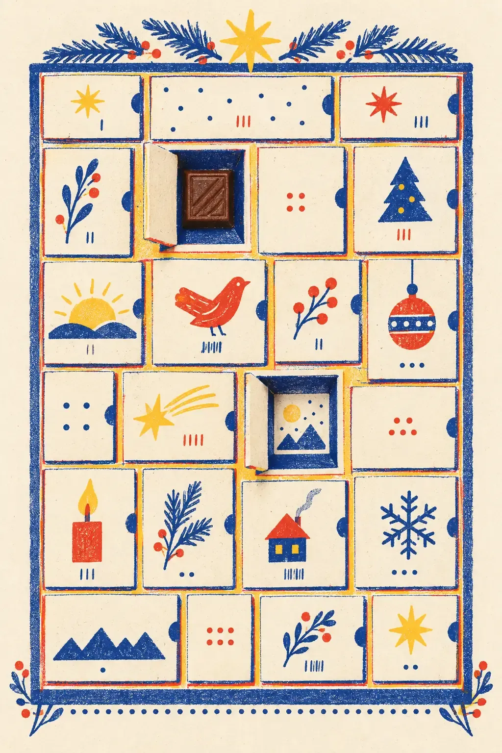 Calendrier de l'Avent en carton avec fenêtres numérotées entrouvertes, chocolats et rubans, en aplats bleu encre, rouge tomate et jaune surligneur sur fond crème.