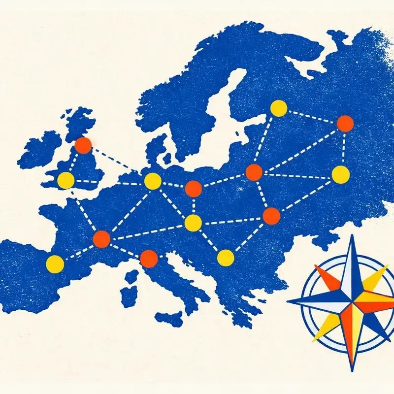 Carte muette de l'Europe avec douze points marquant des capitales, entourée d'un cadre décoratif dans les tons d'une risographie