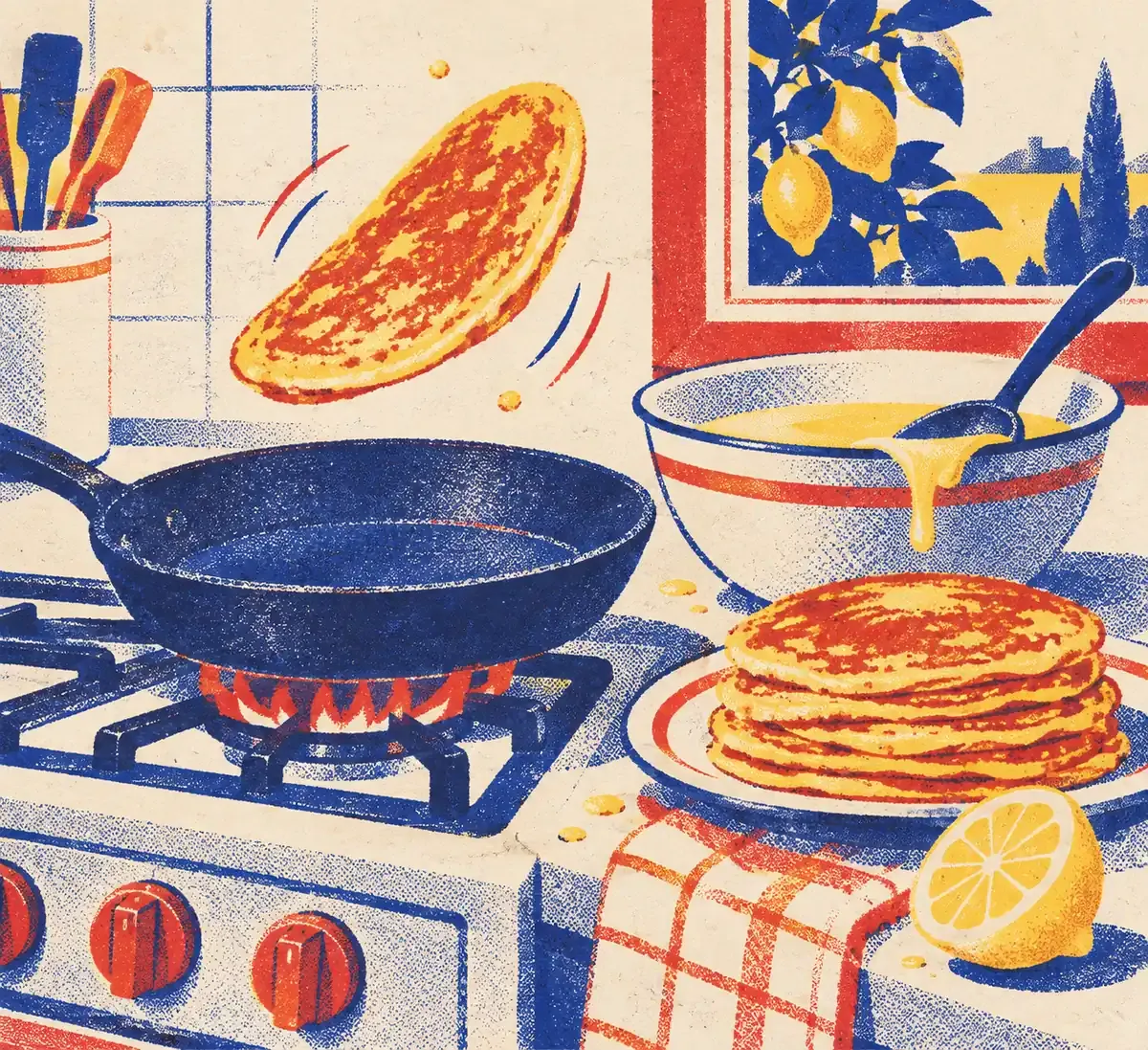 Crêpe dorée dans une poêle, entourée de citron et de sucre, dans un style risographie à quatre encres.