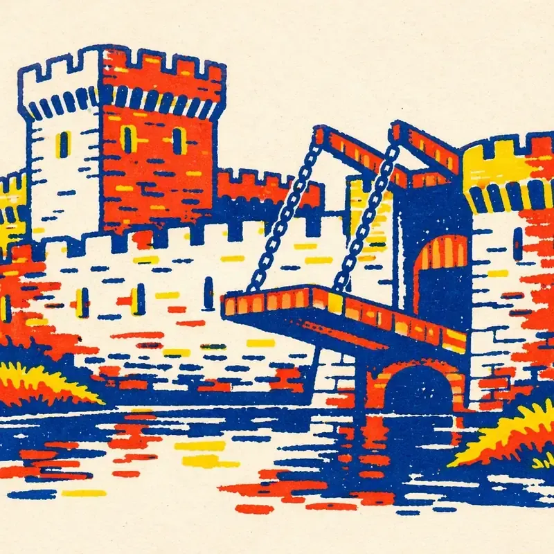 Donjon de pierre avec pont-levis abaissé, douves et créneaux du rempart en premier plan