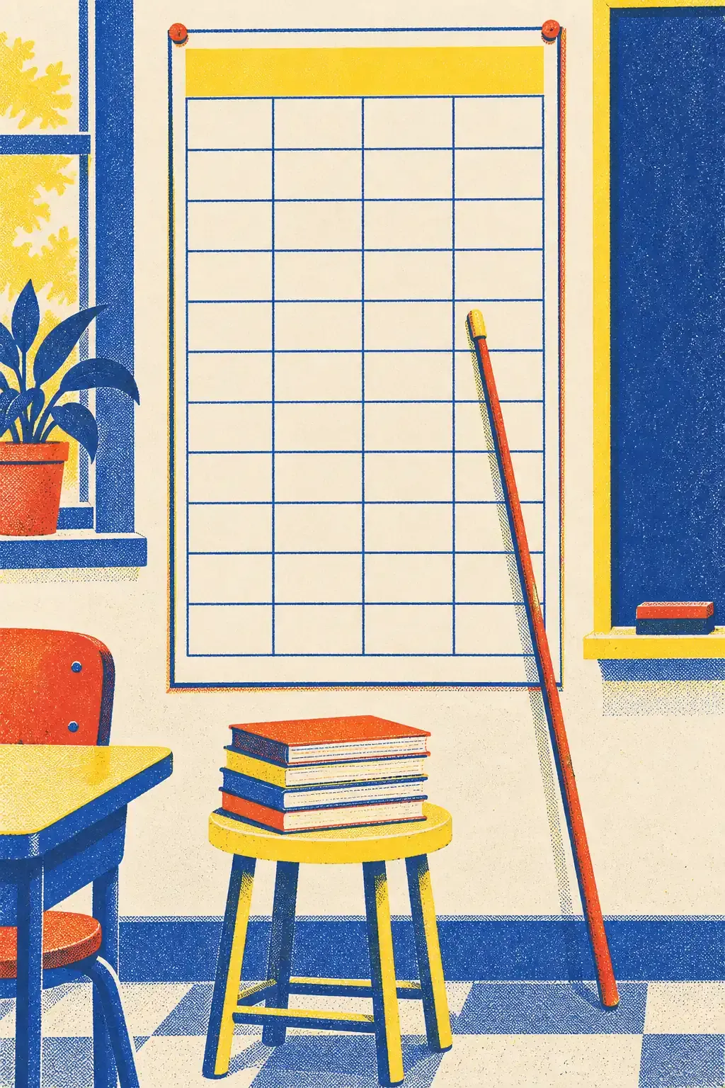 Un cahier ouvert sur une page quadrillée couverte de lettres, entouré d'un stylo-plume, d'une règle et d'un petit sablier, dans les teintes crème, bleu encre, rouge tomate et jaune surligneur.