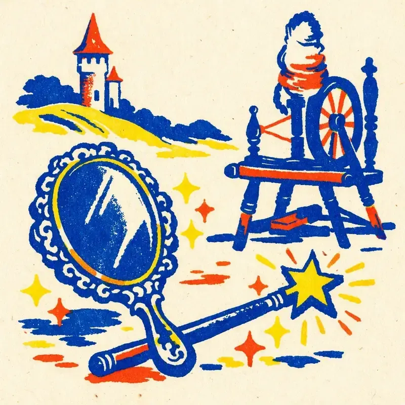 Château entouré de tours, carrosse et miroir ancien posés sur un tapis d'étoiles
