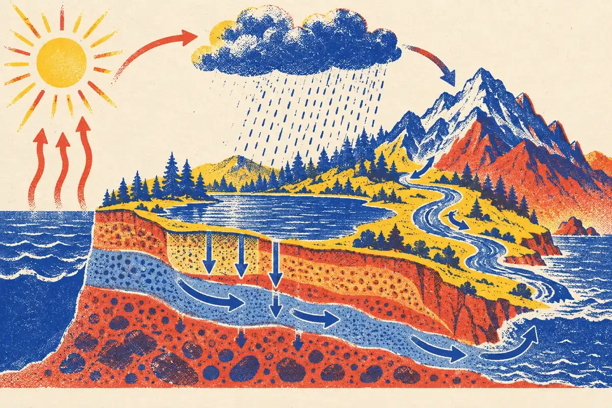 Paysage en aplats montrant une source en montagne qui devient un cours d'eau serpentant vers l'océan, avec des nuages et des gouttes de pluie au-dessus, en bleu encre, rouge tomate et jaune surligneur sur papier crème.