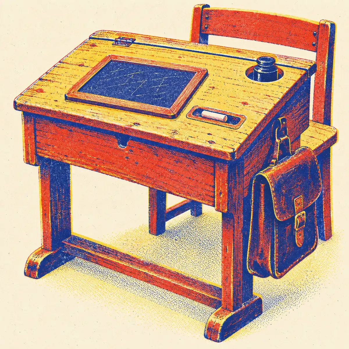 Un pupitre en bois avec encrier et porte-plume, une ardoise et un cartable en cuir posés à côté, en risographie quatre couleurs papier crème, bleu encre, rouge tomate et jaune surligneur.