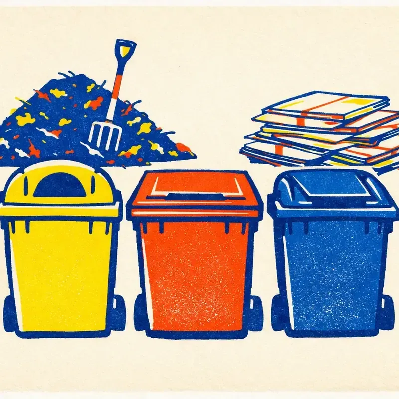 Poubelles de tri colorées et bac de compost posés devant une déchetterie, dans les tons d'une risographie à quatre encres