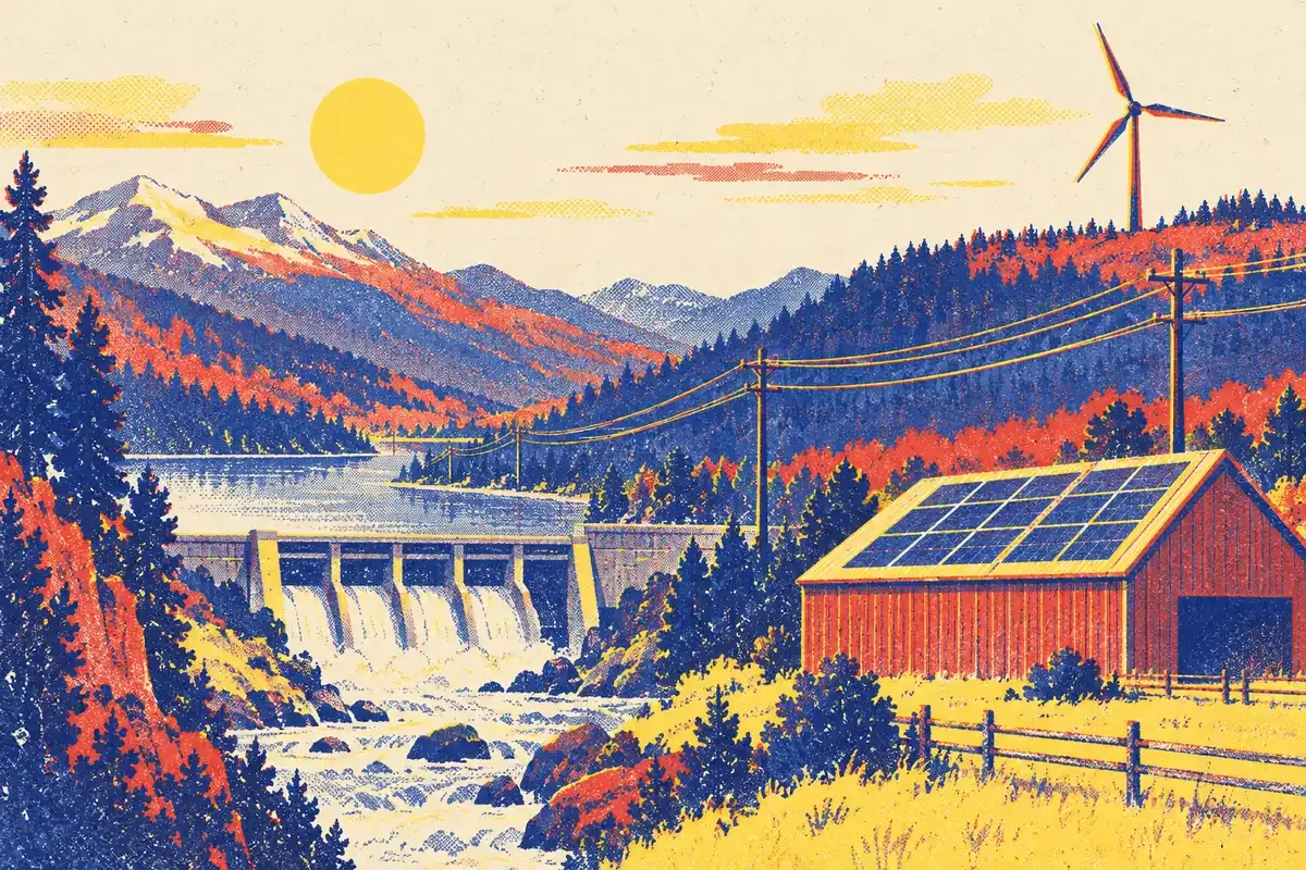 Une éolienne et des panneaux solaires se dressent devant une centrale, en aplats bleu encre, rouge tomate et jaune surligneur sur fond crème.