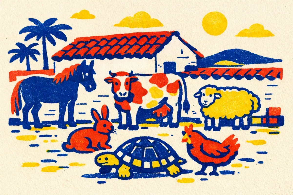 Une cour de ferme où se tiennent un cheval, une vache, un mouton, un lapin, une tortue et une poule, devant une maison au toit de tuiles et des palmiers, en bleu encre, rouge tomate et jaune.
