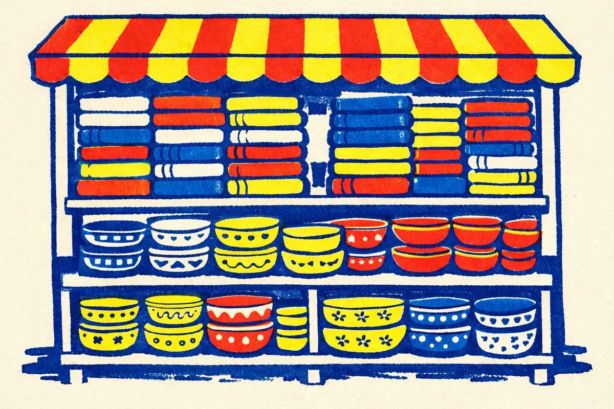 Un étal de marché sous un auvent rayé rouge et jaune, avec des piles de tissus pliés et des bols de couleur rangés sur les étagères, en bleu encre, rouge tomate et jaune sur fond crème.