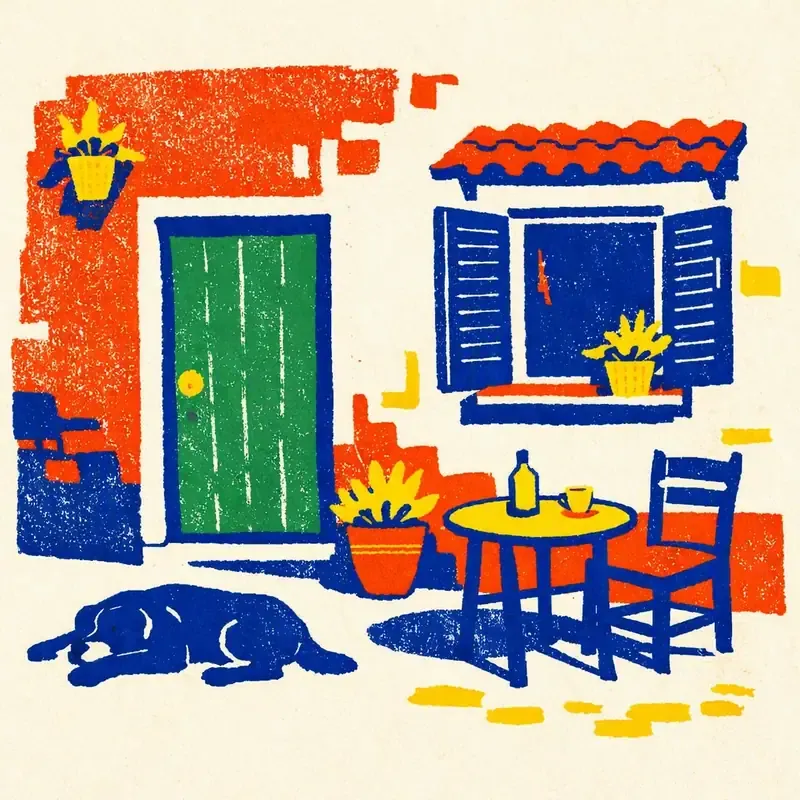 Illustration maison espagnole avec porte ouverte, chat sur le pas de la porte et fenêtre aux volets verts