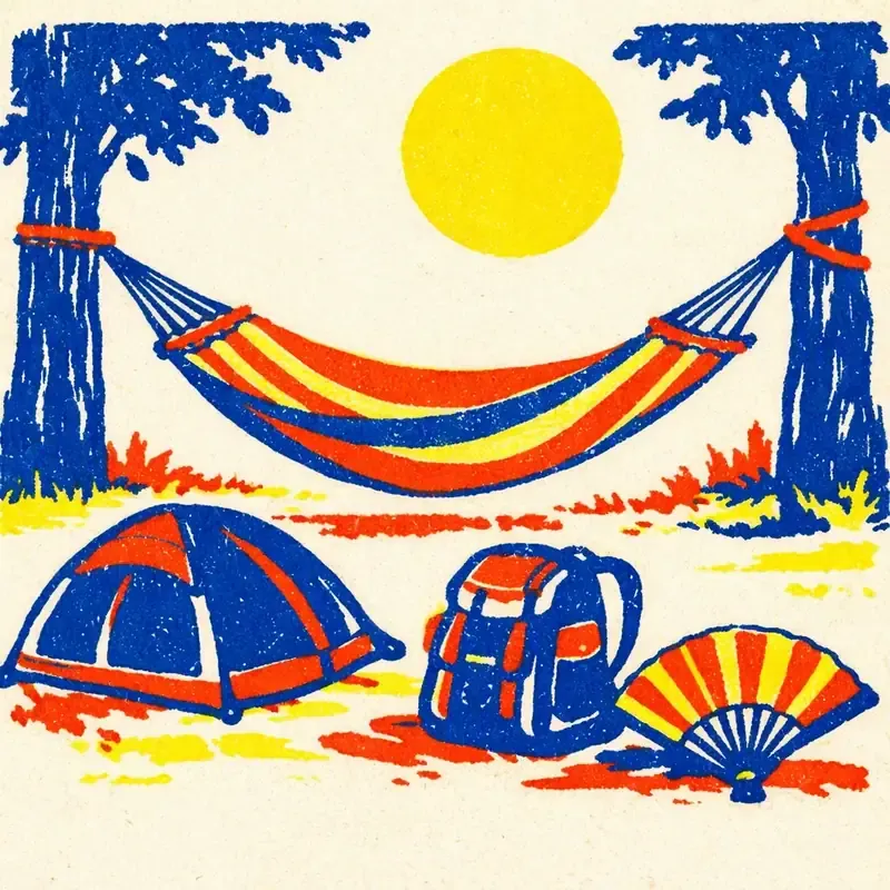 Hamac tendu entre deux arbres à l'ombre, éventail et tente de camping posés à proximité, dans les tons d'une risographie