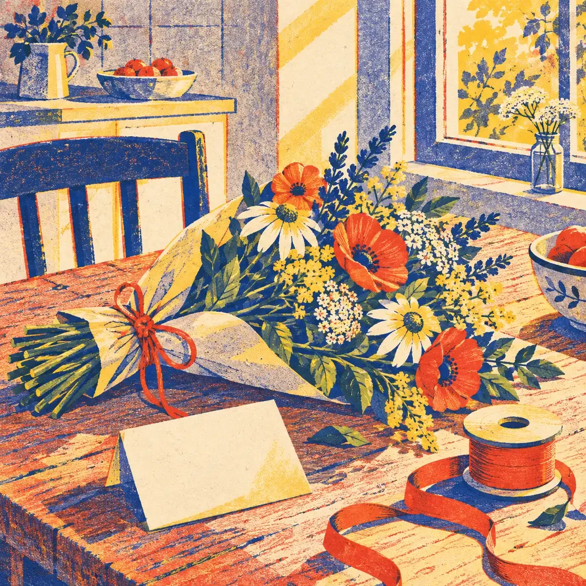 Bouquet de fleurs, pinceau et ruban posés près d'une carte peinte, dans un style risographie à quatre encres.