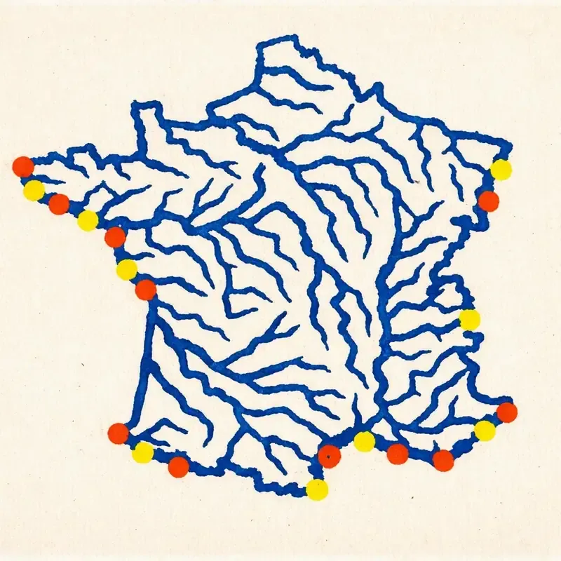 Carte muette de France avec le tracé bleu encre de plusieurs cours d'eau convergeant vers l'océan, style risographie à quatre encres