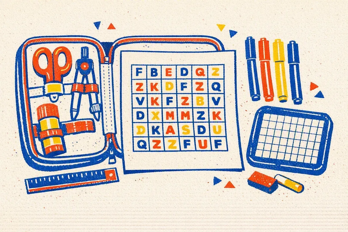 Illustration trousse ouverte avec ciseaux, colle, compas et feutres