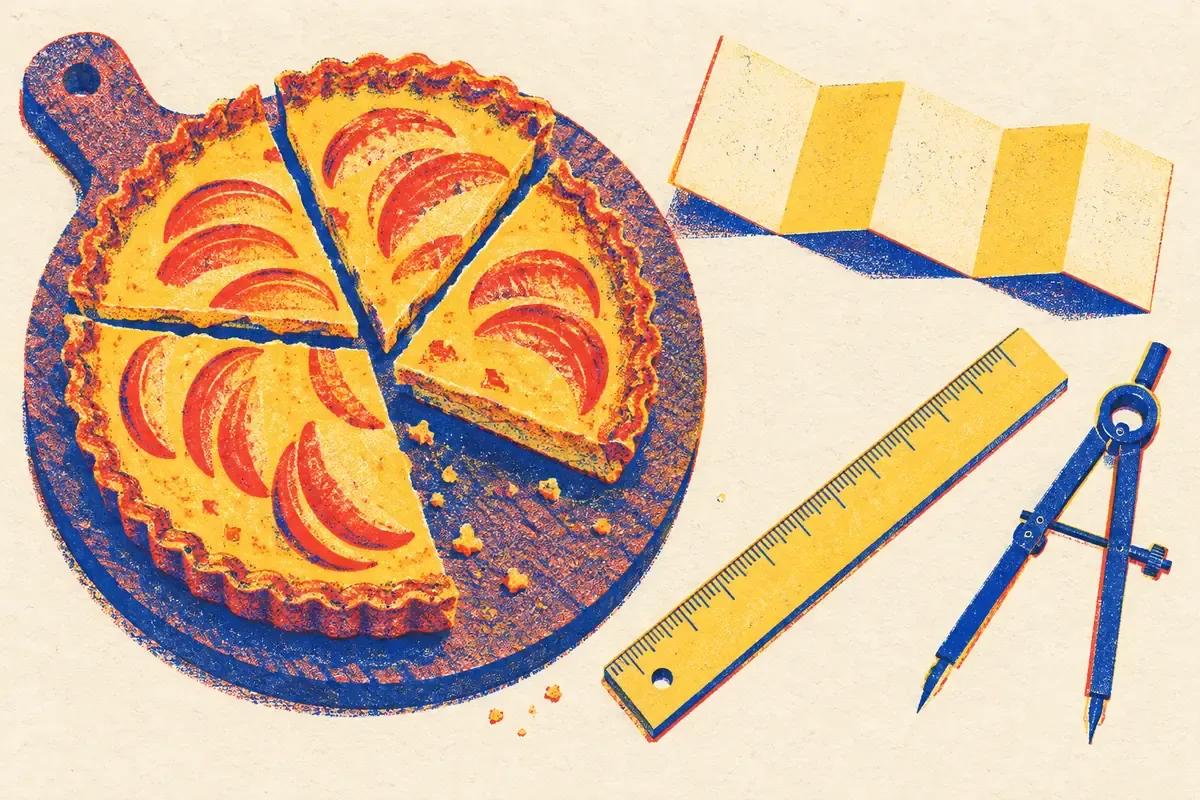 quatre parts d'un cercle colorées différemment autour d'un trait de fraction dessiné à la craie