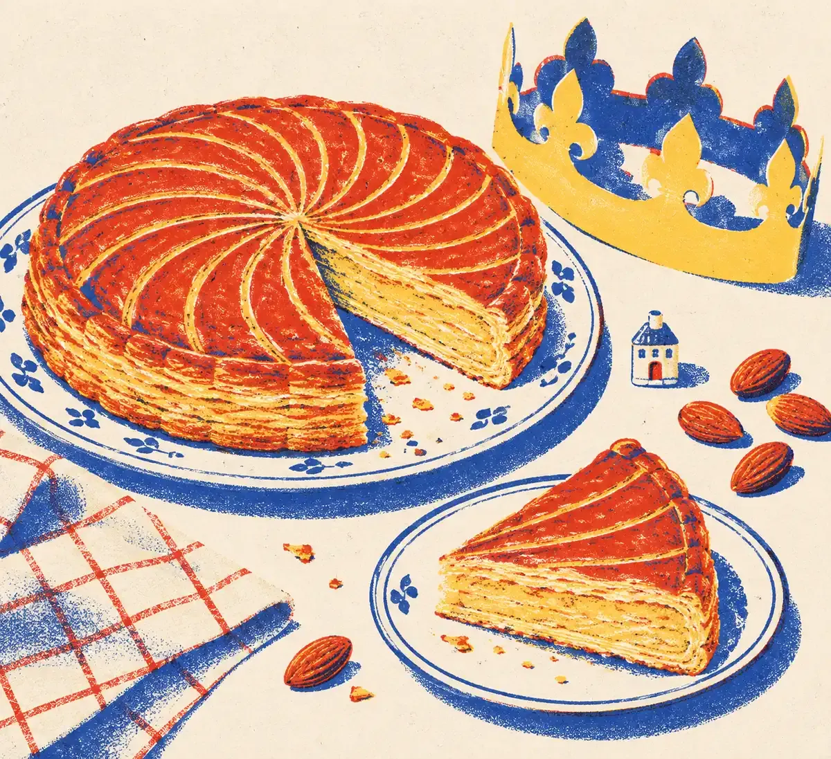 Une galette des rois dorée posée sur un torchon, une couronne en papier doré et une fève en porcelaine juste à côté, dans les teintes crème, bleu encre, rouge tomate et jaune surligneur.