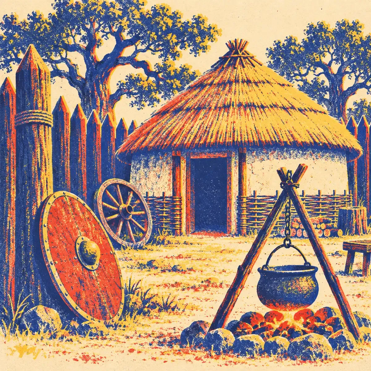 Un casque de légionnaire posé à côté d'un menhir et d'une amphore renversée, sur un fond de lettres en grille, dans les teintes crème, bleu encre, rouge tomate et jaune surligneur.