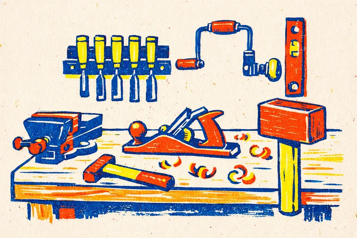 Un établi en bois avec un étau, un rabot, un marteau et un maillet, des outils rangés au mur et un vilebrequin suspendu, en bleu encre, rouge tomate et jaune.