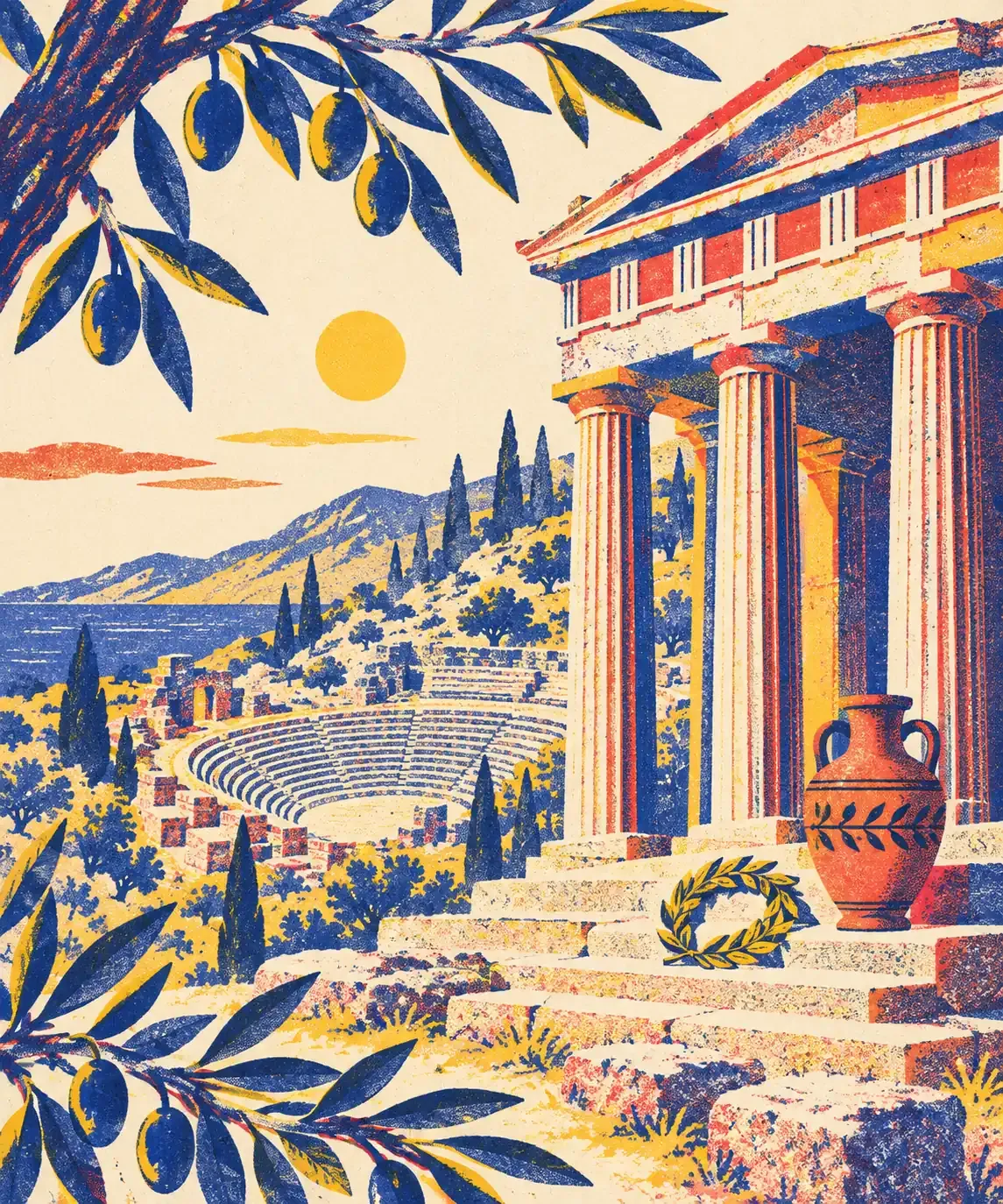 Une colonne à chapiteau ionique, une amphore à motifs géométriques et un rameau d'olivier disposés autour d'un masque de théâtre, en aplats bleu encre, rouge tomate et jaune surligneur sur fond crème.