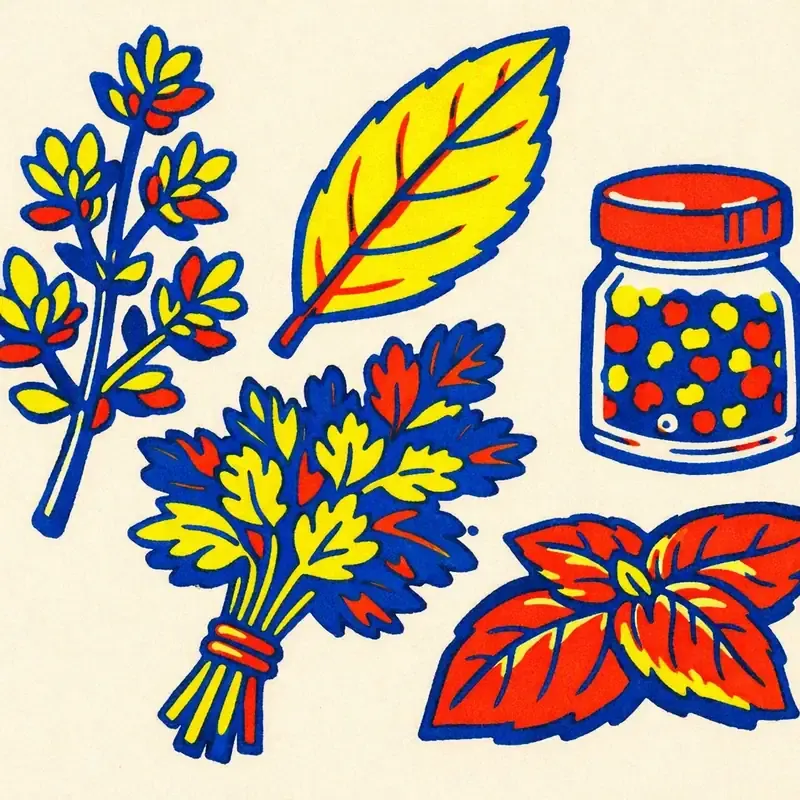 Bouquet de thym et de laurier posé près d'un moulin à poivre et d'un pot de moutarde