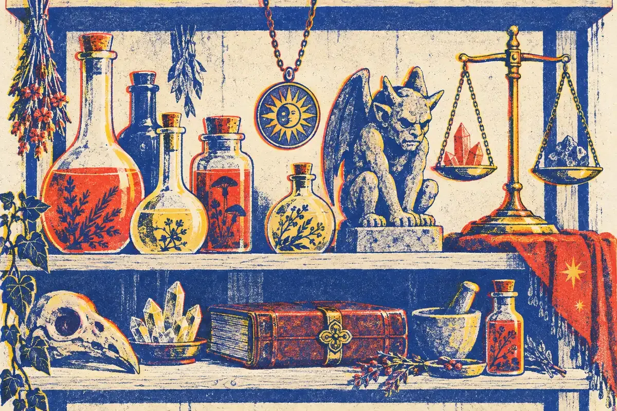 Gargouille de pierre perchée au sommet d'un mausolée entouré de brume, aplats rouge tomate et bleu encre sur papier crème
