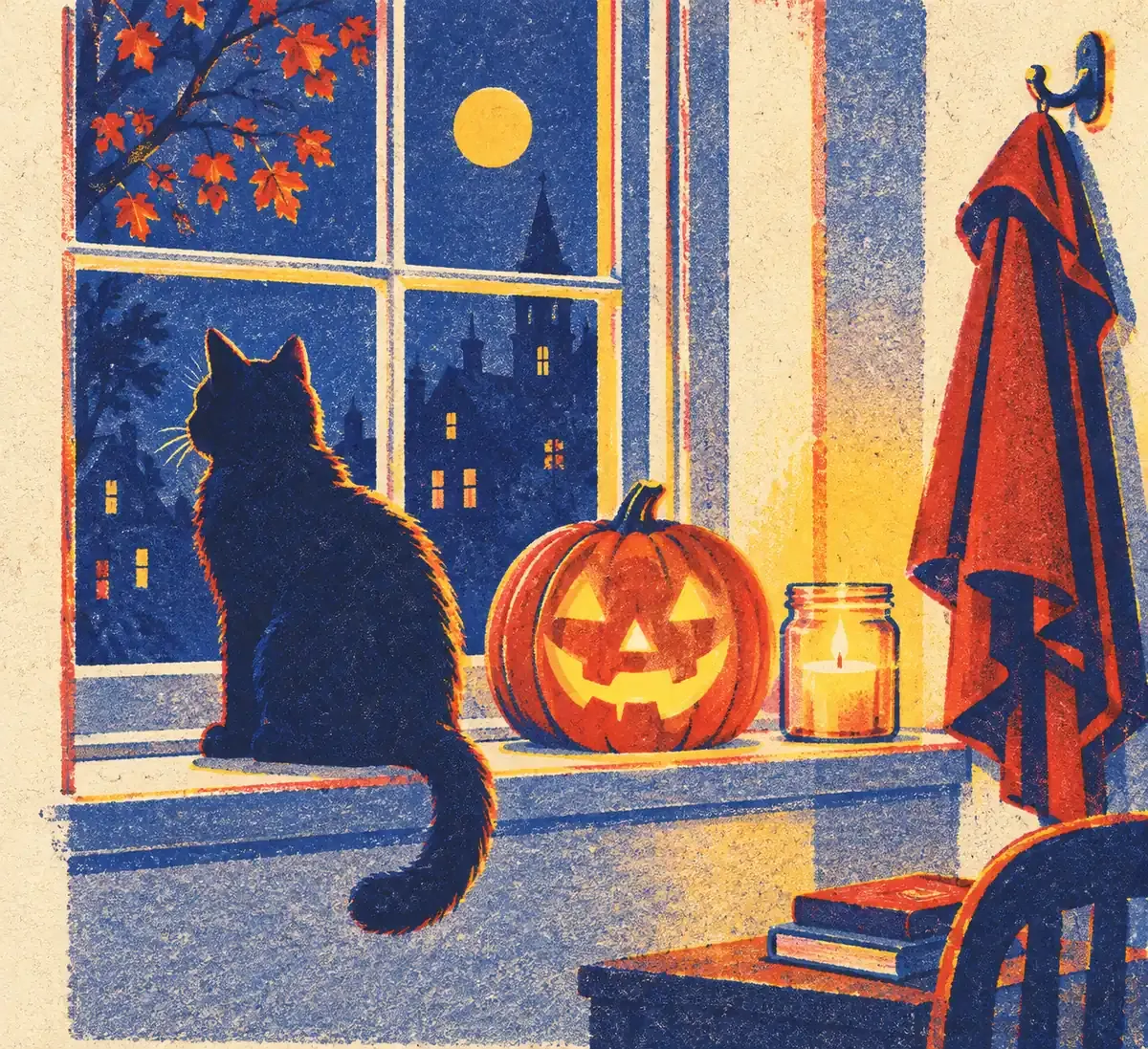 Chat noir aux yeux jaunes assis devant une citrouille éclairée, toile d'araignée en aplat bleu encre sur papier crème, rouge tomate en accent