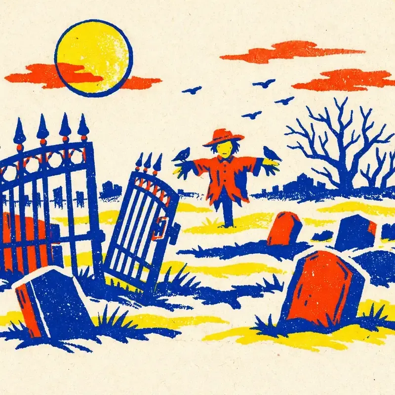 Illustration crypte en pierre, épouvantail dans un champ nu et lune voilée par des nuages sombres
