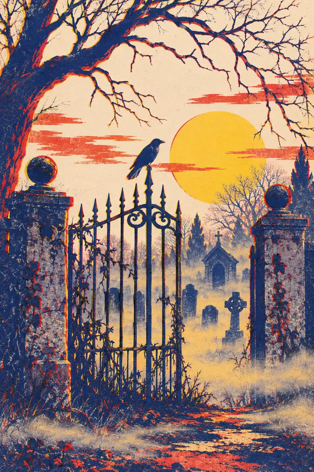 Cimetière brumeux avec pierres tombales penchées et corbeau perché sur une croix, aplats bleu encre et rouge tomate sur papier crème
