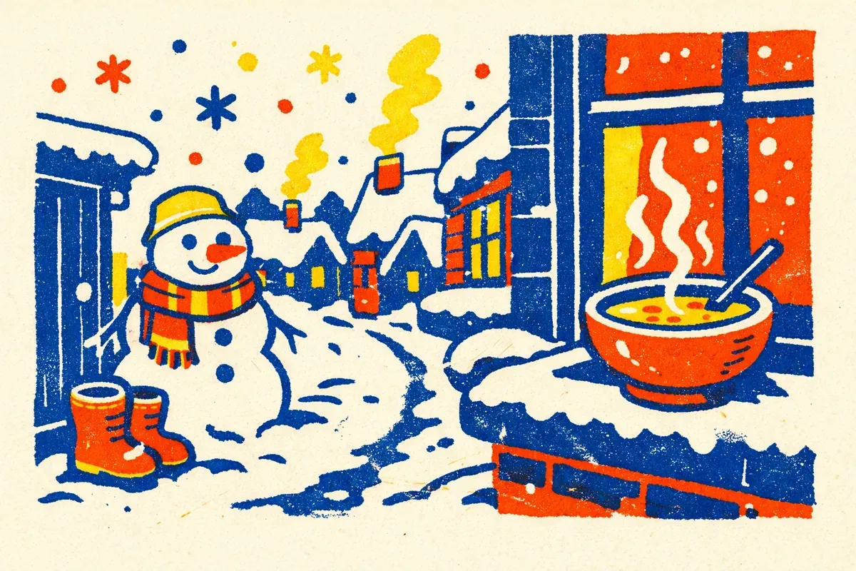 Un bonhomme de neige coiffé d'un bonnet jaune et noué d'une écharpe rouge, des bottes dans la neige et un bol de soupe fumant devant une fenêtre éclairée, sous les flocons.