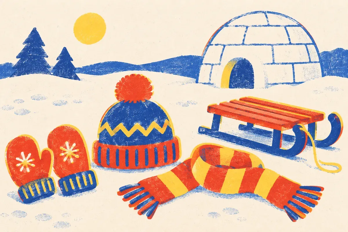 Bonnet, moufles et luge posés sur une étendue de neige stylisée, en aplats bleu encre et jaune surligneur sur fond papier crème avec touches rouge tomate.