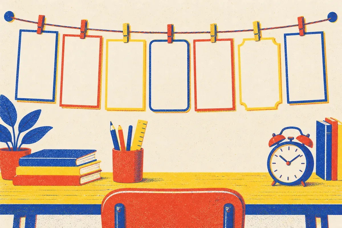Une page de calendrier hebdomadaire posée près d'un réveil et d'un cartable ouvert, dans les tons crème, bleu encre, rouge tomate et jaune surligneur.