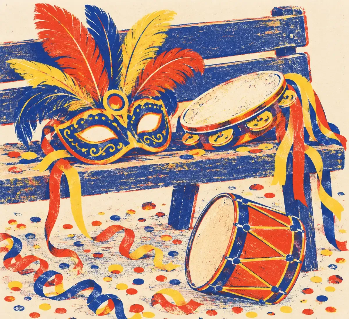 Un masque de carnaval à plumes posé près de beignets empilés et de confettis épars, en aplats de bleu encre, rouge tomate et jaune surligneur sur fond papier crème.
