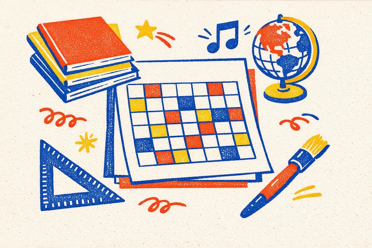 Illustration pile de cahiers, globe, rapporteur et pinceau