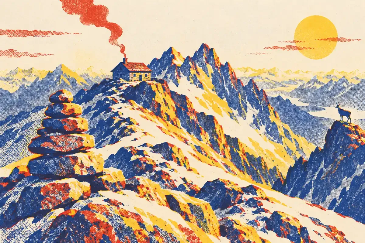 une chaîne de sommets enneigés avec un chamois sur une crête et un refuge au bord d'un sentier
