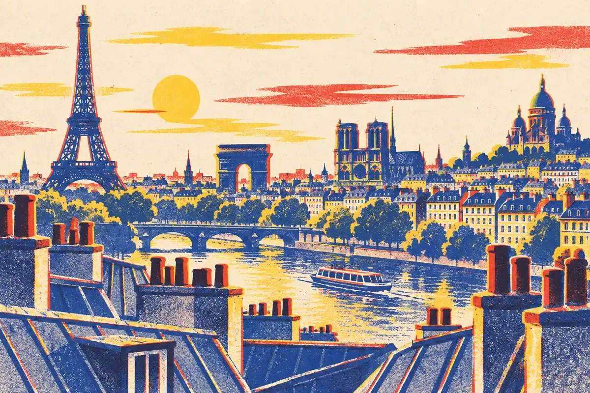 Dôme et arcades stylisés évoquant les Invalides et le Louvre, tramés en encres bleu, rouge et jaune sur fond crème.