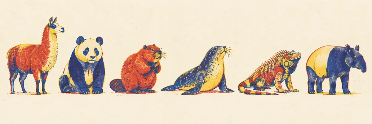 Un alpaga, un phoque et un iguane représentés en aplats de bleu encre, rouge tomate et jaune surligneur sur fond papier crème, posés à côté d'une grille de lettres