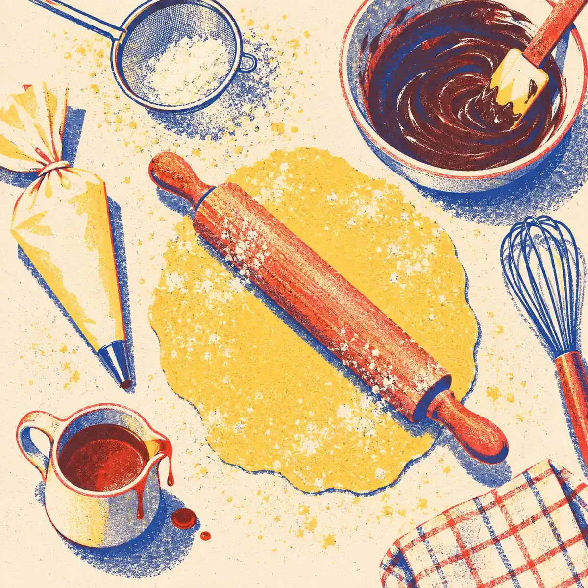 Un fouet, une poche à douille et une meringue en aplats de bleu encre, rouge tomate et jaune surligneur sur fond papier crème, à côté d'une grille de lettres