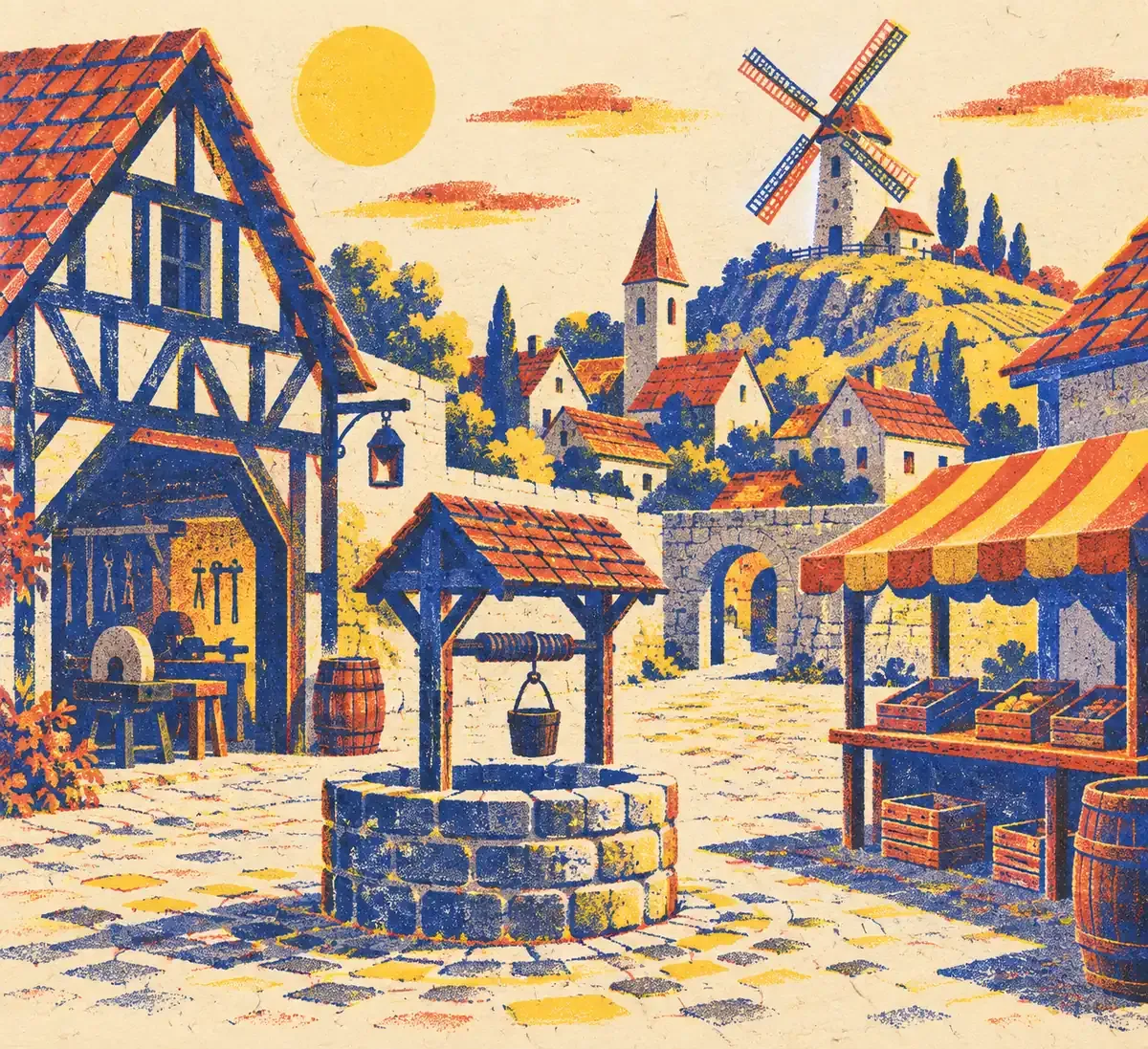 Forge, charrette et échoppe de village esquissées en aplats risographiés bleu, rouge et jaune sur fond crème.