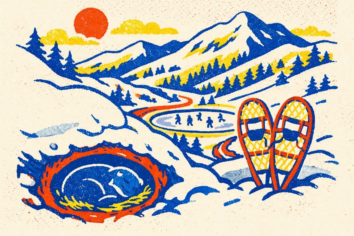 Un paysage de montagne enneigé avec une marmotte endormie dans son terrier, des patineurs sur un lac gelé, une paire de raquettes plantée dans la neige et un soleil rouge.