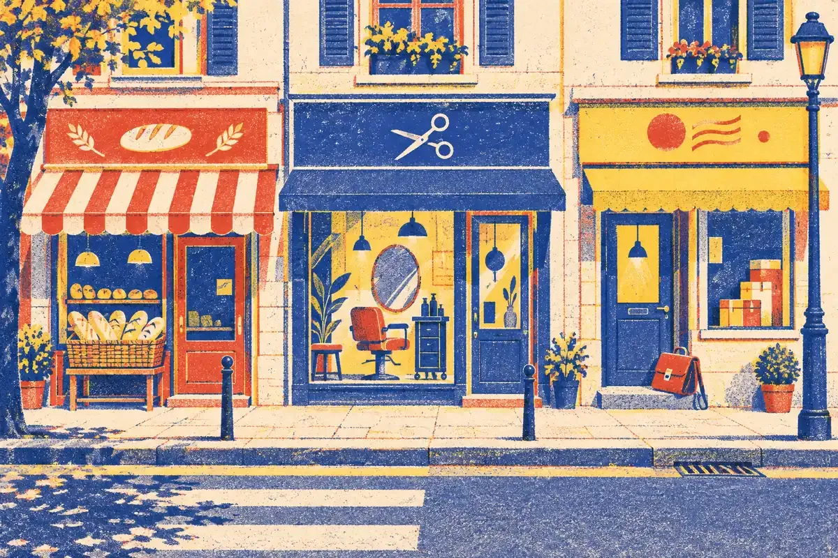 Une devanture de commerce de quartier avec une vitrine de fromager et une autre de bijoutier côte à côte, en risographie quatre couleurs papier crème, bleu encre, rouge tomate et jaune surligneur.
