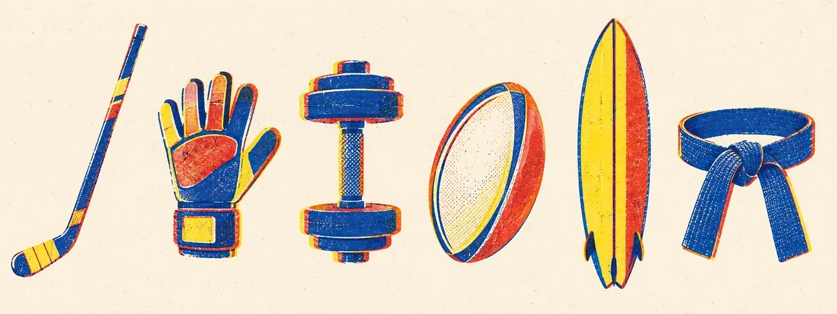 Un gardien de but, une crosse de hockey et un haltère en aplats de bleu encre, rouge tomate et jaune surligneur sur fond papier crème, disposés autour d'une grille de lettres