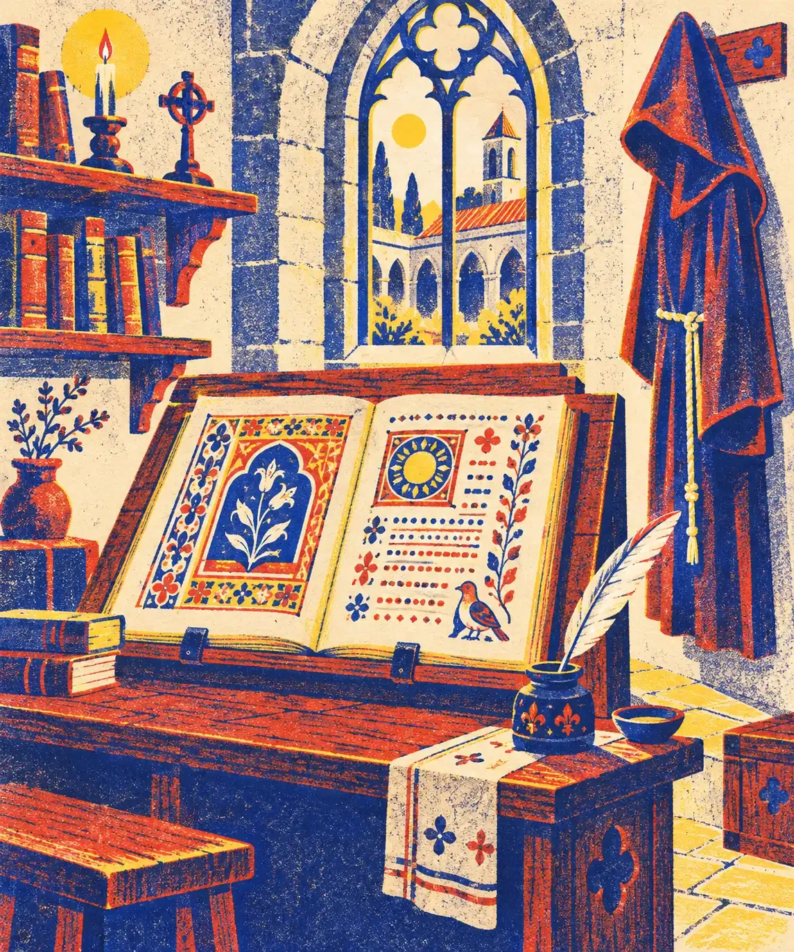 Une abbaye fortifiée avec des tours, un blason et une plume d'oie posée sur un parchemin déroulé, en aplats bleu encre, rouge tomate et jaune surligneur sur fond crème.