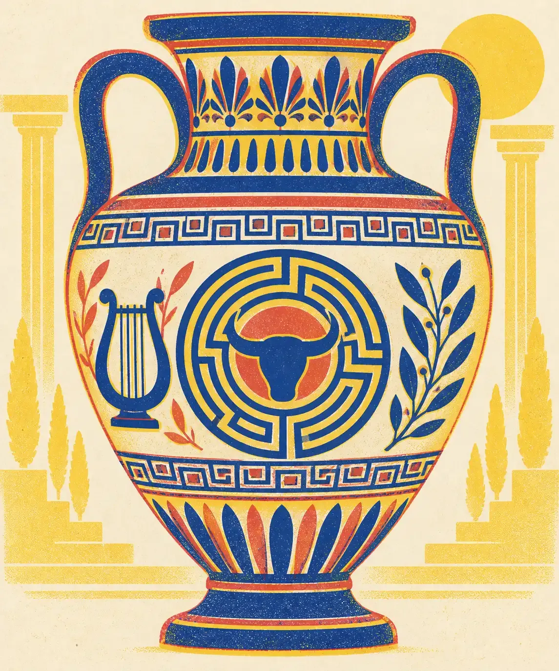Un labyrinthe circulaire entouré d'une hydre à plusieurs têtes et d'un œil unique de cyclope, en aplats bleu encre, rouge tomate et jaune surligneur sur fond crème.