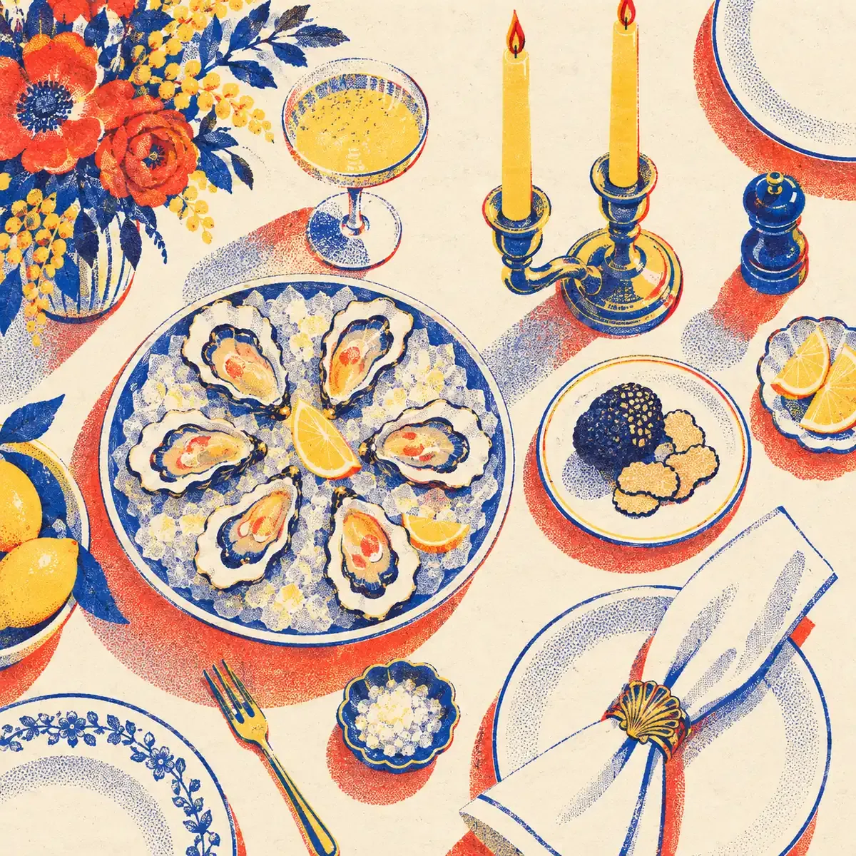 Une table de réveillon avec chandelier, huîtres et coupe de champagne, en aplats bleu encre, rouge tomate et jaune surligneur sur fond crème.